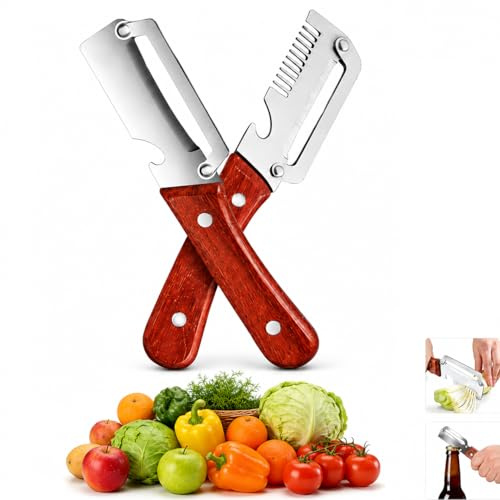 Éplucheur Multifonction 3 en 1 – Légumes et Fruits, Acier Inoxydable Résistant, Ouvre-Bouteilles et Coupe-Ciboulette, Manche Bois Ergonomique, Cuisine et Camping