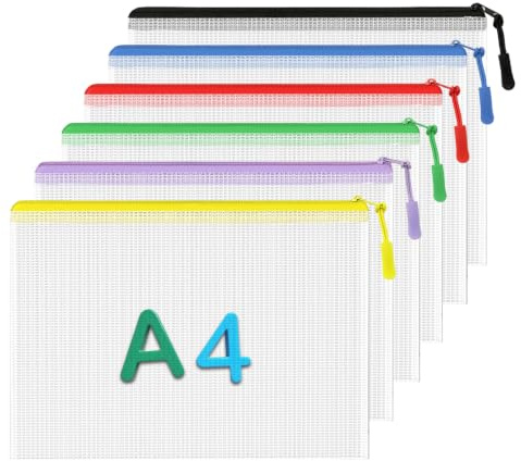 6 PCS Plastic Wallet A4 Zip Wallets Lock Waterproof Clear Bags | Ziplock Documents Extra Thick Mesh Zipper File Folders Pouches Paperwork Envelope for School, Travel, Home, Office