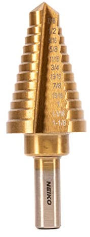 NEIKO 10189A Titanium Step Drill Bit, High-Speed Alloy Steel Bit, Hole Expander for Wood and Metal, 12 Step Sizes from 7/16 Inches to 1 1/8 Inches