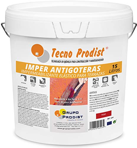 IMPER ANTIGOTERAS de Tecno Prodist - 15 Litros (ROJO) Pintura Impermeabilizante elástica para Terrazas (A Rodillo o brocha, disponible en color rojo o blanco)