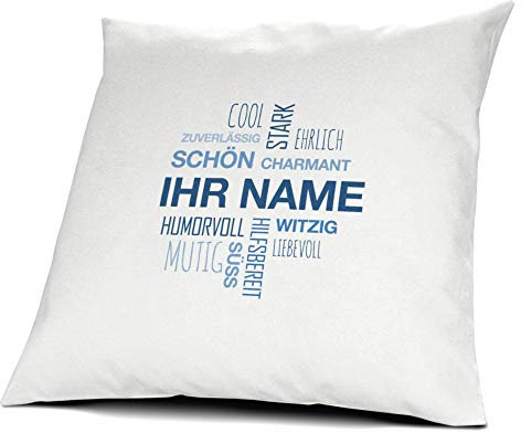 printplanet® Kissen mit Namen personalisiert - 100% Baumwoll Kopfkissen - Motiv Positive Eigenschaften (Cloud) Blau individuell gestalten - Namenskissen inkl. Füllung - 40 x 40 cm