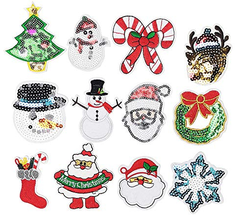 Niangzisewing 12 x Aufnäher Merry Christmas zum Aufbügeln für Jeans, Jacken, Taschen, Bier, Weihnachtsmann, Schneeflocke, Schneemann, Weihnachtsmann, Jinglebell (von 7,5 cm bis 9,5 cm,