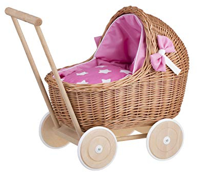 e-wicker24 Alles aus Weide Puppenwagen aus Weide mit Bettwäsche perfekte Geschenkidee Korbpuppenwagen schöner Spielzeug aus Korbgeflecht Korbwagen für Puppen Spielzeug für Mädchen (Pink)