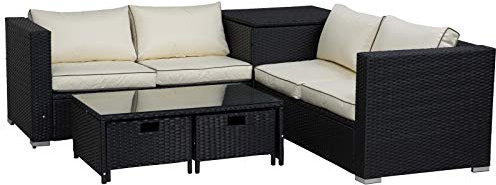 Outsunny 4 Pieces Rattan Garden Furniture Set, 4 Seater Corner Sofa Set with Storage Box, 2 Drawers Coffee Table, Loveseats with Cushions, Wicker Garden Conservatory Furniture for Balcony, Black