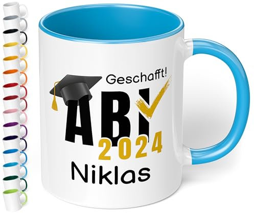 Tasse zum Abitur 2025: „ABI 2025 - Geschafft! Wunschname“ - Kaffeetasse mit Namen personalisiert - Geschenke zum Abitur, Abschlussgeschenk, Geschenk zur bestandenen Prüfung, Hellblau