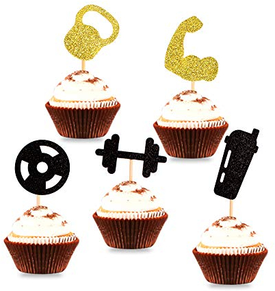 Blumomon 30Pcs Glitter Gym Theme Cupcake Toppers Weight Lifting Cupcake Toppers for Cross Fit Party Fitness Themed Birthday Party Supplies