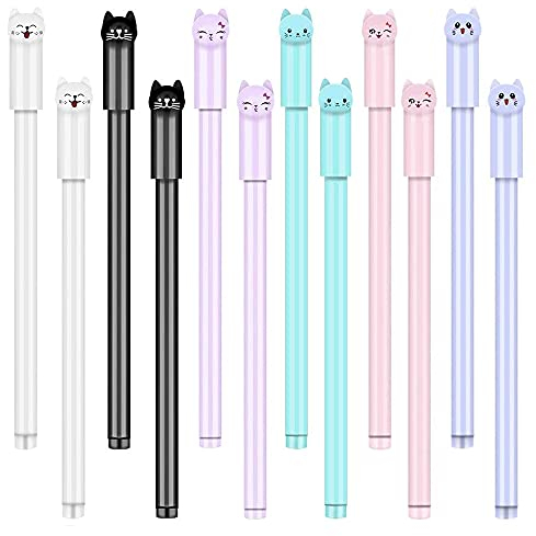 SJUNJIE 12 Stück 0,5 mm Cartoon Gelschreiber Kawaii Gelschreiber Gel Stift Set Süße Cartoon Katze Stifte für Kinder Schreibwaren