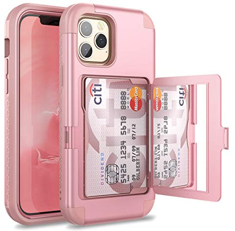WeLoveCase for iPhone 12/12 Pro Wallet Case with Credit Card Holder & Hidden Mirror, Defender Three Layer Shockproof Heavy Duty Cover, 6.1 inch Rose Gold