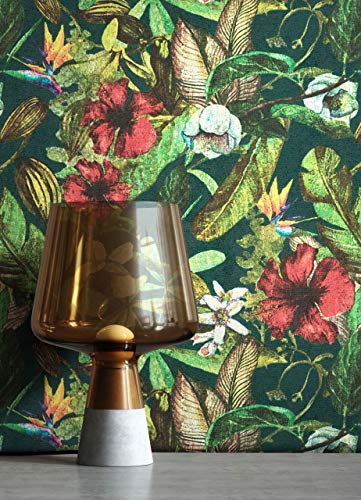 NEWROOM Papier peint Vert Fleur Intissé - Moderne Rouge Jaune Feuilles Jungle Floral