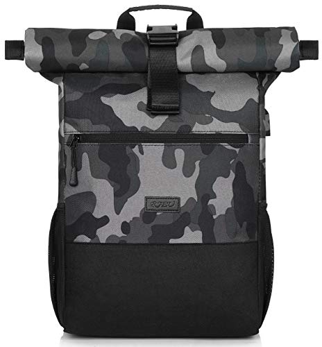 RJEU Rucksack Herren,Schulrucksack Jungen Teenager,Rolltop Rucksack für Reisen Camping Schule Arbeit (BlackCamouflage)