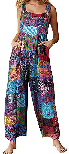 Acrawnni Women's Dungarees Vintage Floral Printed Loose Casual Baggy Sleeveless Overall Long Jumpsuit Playsuit Trousers Pants Romper