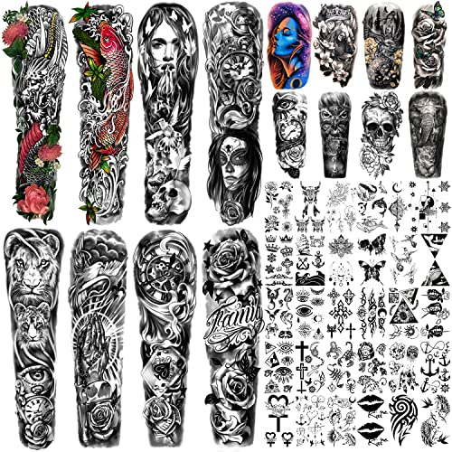 46 Sheets Large Full Arm Temporäre Tattoos für Männer, Drachen Blume Tier Kompass Tattoos Ärmel für erwachsene Frauen, Temp wasserdichte gefälschte Tattoo-Aufkleber auf der Unterarmschulter