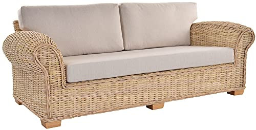 Krines Home Rattansofa Chester Lounge Liegesofa Wohnzimmer Couch Natur Rattan Sofa mit Polster Rattanmöbel (3-Sitzer, Natur Hell)