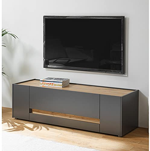 Lomadox Wohnzimmer TV Lowboard modern in anthrazit mit Absetzungen in Wotan Eiche Nb., B/H/T: ca. 140/40/45 cm