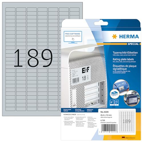 HERMA 4220 Typenschild Folien-Etiketten silber, 800 Blatt, 25 x 10 mm, 189 pro A4 Bogen, 151200 Stück, selbstklebend, bedruckbar, wetterfest, blanko Klebefolie Aufkleber aus Folie