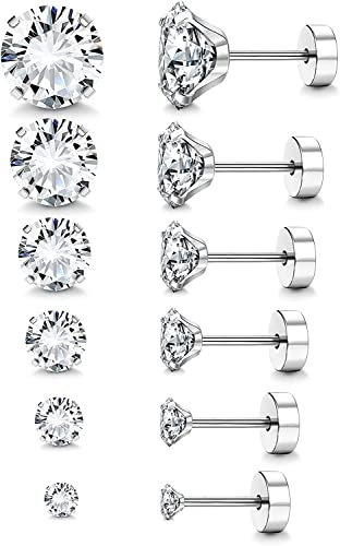 LOLIAS 6 Paar Ohrringe Set für Damen Herren - Screwback Stecker aus Chirurgischem Edelstahl - Zirkonia Ohrstecker Hypoallergen Knorpelohrringe Ohrpiercing 3-8MM