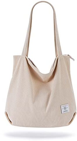 KALIDI Women Corduroy Tote Bag Casual Tote's Handbag Big Capacity Shoulder Bag with Pockets Zippers (Cream White)