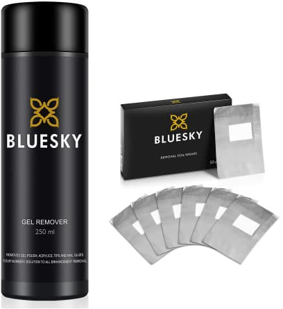 Bluesky Gel Polish Removal Kit. Acetone Gel Polish Remover 250ml + Foil Removal Wraps x 50 , with Safflower Oil To Nourish Nails, Soak Off UV/LED Gel Polish in Minutes