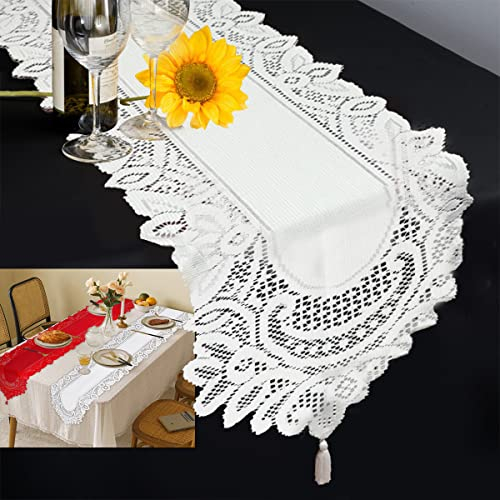 Tischläufer Modern, FainFun Tischläufer Weiß, Waschbar Tischwäsche Modern, für Feierlichkeiten, Taufen, Party Herbst Deko Tischläufer Hochzeit Boho Hochzeiten, 33X183CM, Weiß