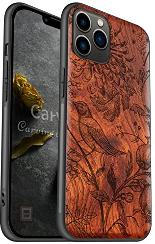 Carveit Handyhülle für iPhone 11 Pro Case [Holz und TPU Silikon Hybrid hülle] Stoßfeste Stoßstange handyhülle Kompatibel mit 11 Pro Massivholz Cover（Pflaumenfarbe-japanische-vögel）
