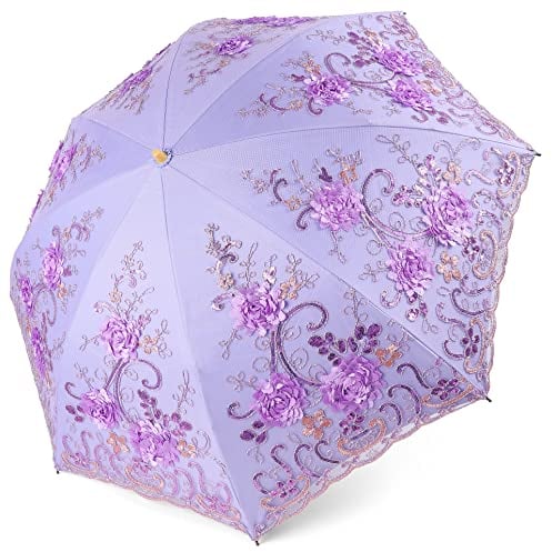 BABEYOND Spitzen-Sonnenschirm, UV-beständig, faltbar, LSF 50+, Vintage-Blumenstickerei, Regenschirm für Hochzeit, Party und Fotoshooting, Violett