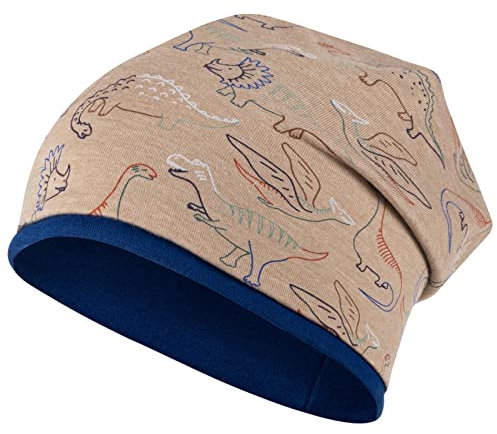 Mütze Junge Übergang Stoffmütze Beanie Kindermütze Baby Allover-Print Monster Dinosaurier, Größe: 50-52, Farbe: beige-blau