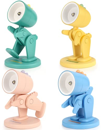 Mini Nachtlicht, 4 Stück Cute Led Dinosaurier Nachtlicht, Kreative Cartoon Haustier Faltbare Kleine Tischlampe mit Batterie und Handyhalterung, Augenpflegende Lampe, Tragbar Verstellbares Nachtlicht