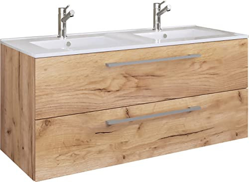 VCM 2-TLG. Doppel Waschplatz | 2X Waschtisch | Badmöbel Set mit Keramik Waschbecken | H. 51 x B. 112 x T. 46 cm | Doppelwaschbecken Budasi
