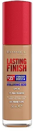Rimmel Lasting Finish 35Hr Foundation 302 Warm Olive, Full Coverage, Hydrating, SPF20, Hyaluronic Acid, Vitamin E, 2% Niacinamide, All Day Wear, Vegan, Cruelty Free