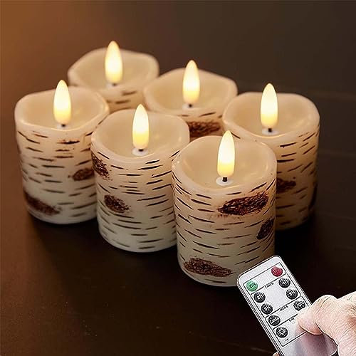Vtobay Flameless LED Birch Bark Remote Timer Tea Light Candles,Battery Operated Flickering 3D-Wick Pack of 6 Real Wax 5 CM x5.5 CM Votive Candles,Powered by cr2450 Battery(Battery Included)