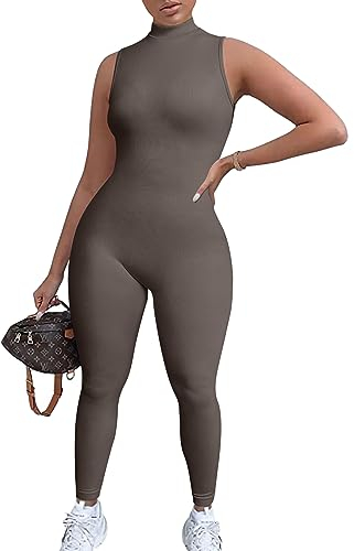 TOB Frauen Yoga Jumpsuits Workout Gerippt Ärmellos Sport Jumpsuits, Teeblatt, Medium