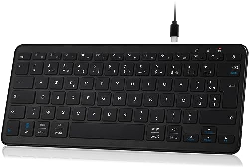 Qulose Clavier sans Fil Bluetooth, Mini Clavier AZERTY Français, Clavier Léger Silencieux, Rechargeable USB C, 12 Raccourcis Multimédias, pour Mac, iPad, iPhone, Android, Windows-Noir