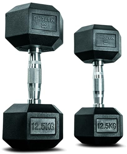 MATCHU - Hexagon Hantel - Hexagon Dumbbells - Hexagon Kurzhanteln Set - 12.5 KG - Satz Von 2 - Gummi - Verchromter Griff - Schwarz
