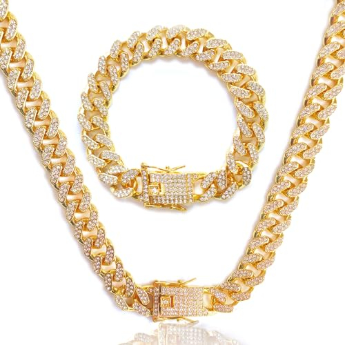 12 MM kubanische Gliederkette, kubanische Kette, silberne kubanische Gliederkette, iced out armband ice out kette mit Karabinerverschluss, Länge 50/55/60cm(Gold, 60)
