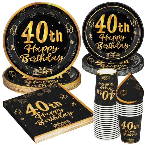 PARTY GO Juego de vajilla de 96 piezas, platos de papel negro y dorado, vasos y servilletas, vajilla desechable para mujeres, hombres, suministros de fiesta de 40 cumpleaños para 24 invitados
