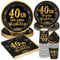 PARTY GO 96 Pcs Happy 40th Birthday Tableware Set, Black and Gold Paper Plates Cups and Napkins, Disposable Dinnerware Party Decorations for Women,Men 40th Birthday Party Supplies Serve 24 Guests