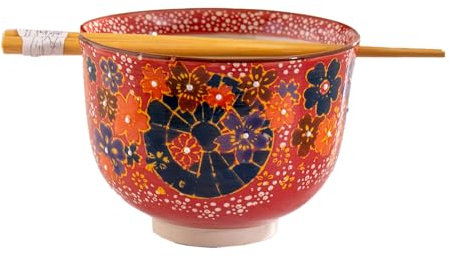 Urban Tokyo Handbemalte Keramik-Schüssel-Set, glasiert, japanische Ramen-Udon-Nudel-Reisschale mit Essstäbchen, 591,5 ml, 12,7 cm Durchmesser, Farbbox-Verpackung (rote Sakura-Kirschblüten)