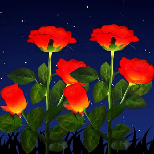 HELESIN Solar Blumen für Außen Wetterfest,2 Stück Solar Rosen für Außen, Grablicht Solar Wetterfest Solar Rose Licht für Außen Garten, Büsche, Rasenflächen Deko Rote(Lichtfarbe ändert sich nicht)