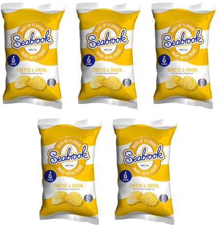 Seabrok Crisps 6pk - Cheese & Onion - Gluten free and vegetarian friendly - Crinkle Cut Crisps - Pack of 5 x 6pk