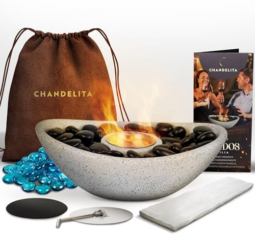 Chandelita Chimenea Bioetanol Mesa de 28 x 19 x 8 cm con Bolsa y Piedras Decorativas - Chimenea Decorativa - Chimeneas Bioetanol Mesa - Estufa Bioetanol Interior - Mini Chimenea Etanol (Ovalada Gris)