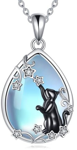YAFEINI Schwarze Katzen Kette für Damen Sterling Silber Katzen Anhänger Halskette mit Mondstein Schwarzer Katzen Schmuck Geschenke für Katzenliebhaber (Schwarze Katze)