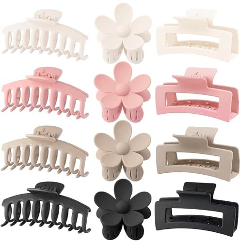 Große Haarklemmen 12 Stück Blumen-Haarklemmen für dickes Haar große Haarklemmen niedliche Haarklemmen 3 Stile Haarklemmen für dünnes Haar Frauen (Weiß, Schwarz, Rosa, Kaffee)