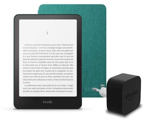 I'ultimo Kindle Paperwhite (versione 2024) da 16 GB con pubblicità, una copertura in tessuto Amazon e un alimentatore Amazon Powerfast da 9 W.