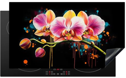 KitchenYeah© Herdabdeckplatte 91.6x52.7 cm Einteilig Herdabdeckung Abdeckplatte für Ceranfeld Abdeckung Induktionskochfeld Aufrollbare Matte Orchidee - Graffiti - Farbenfroh - Blumen - Abstrakt