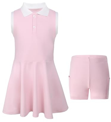 SPFASZEIV Vestito da Tennis per Ragazze con Tasche Separate per Pantaloncini Abito Sportivo da Golf Senza Maniche Polo Tennis Dress 5-15 Anni