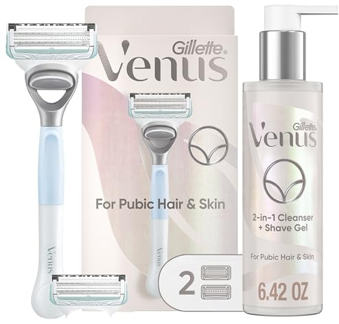 Gillette Venus for Pubic Hair and Skin Shaving Set, Women’s Razor, 1 Handle + 2 Blade Refills + 2-in-1 Cleanser