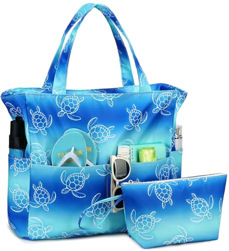 LOIDOU Große Strandtasche mit Reißverschluss Wasserdichte Sanddichte Schwimmbadtasche Umhängetasche Einkaufstasche mit Reißverschluss Reisetasche Familie Strand Tote (Sea turtle)