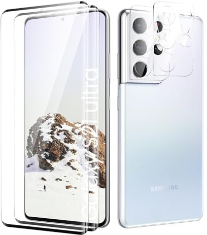 Verre Trempé pour Samsung Galaxy S21 Ultra, Film Protection écran, [sans Bulles d'air] [Ultra Résistant] [Anti-Rayures] 2 Pièces Verre Trempé + 2 Pièces Caméra Protection écran