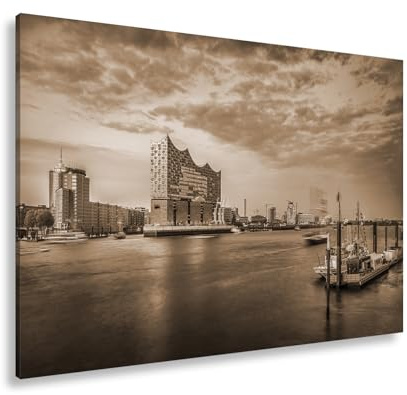 deyoli Leinwandbild Abendlicht küsst Hamburgs Hafen mit goldener Eleganz. Format: 120x80cm Effekt: Sepia XXL Kunstdruck Bild auf Keilrahmen/Wandbild/Wohnzimmer Dekoration