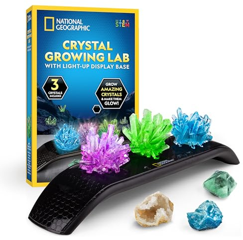 NATIONAL GEOGRAPHIC Kit per Crescere Cristalli – Coltiva 3 Cristalli Colorati con Base Luminosa e Guida Illustrata, Include Geode, Fluorite Verde e Altri Minerali Autentici